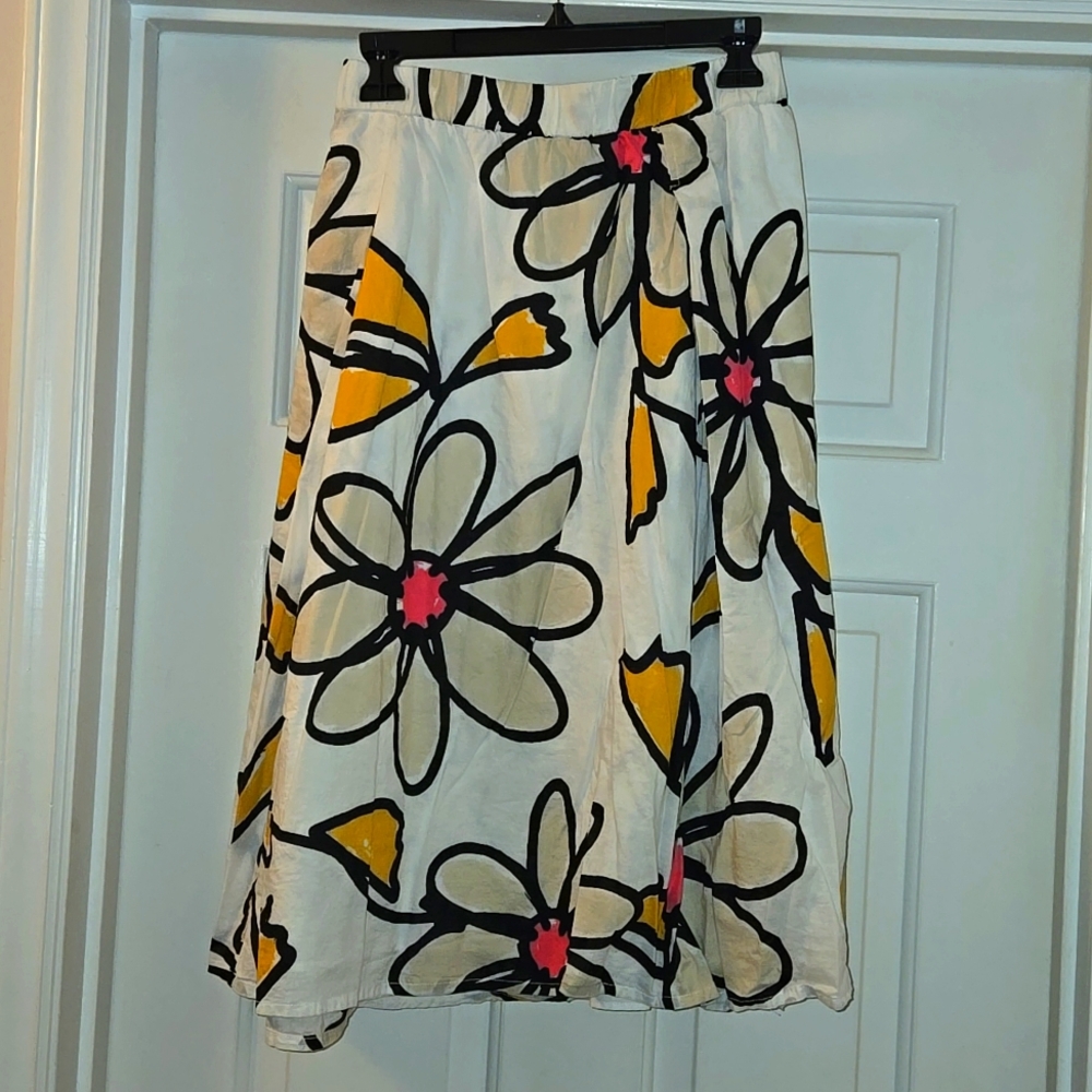 Lane Bryant White Midi Skirt with Black Outline Floral and Yellow & Pink Accents